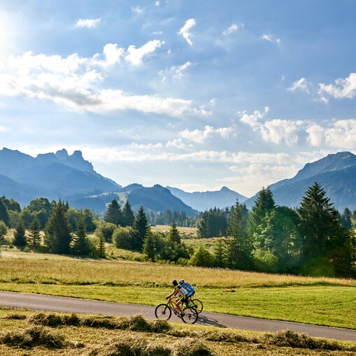 Radfahrer vor Bergpanorama am Haldensee
