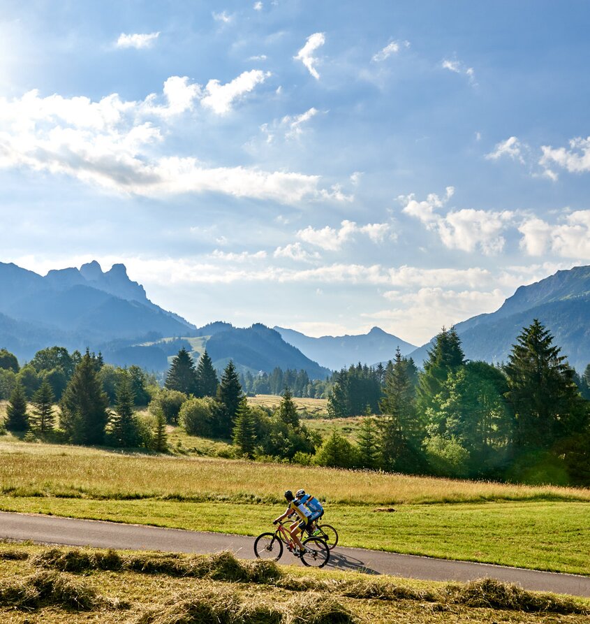 Radfahrer vor Bergpanorama am Haldensee